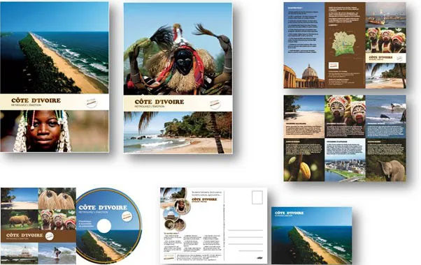 Brochures, dossier de presse et cartes postales réalisés pour l'office de tourisme de Côte d'Ivoire