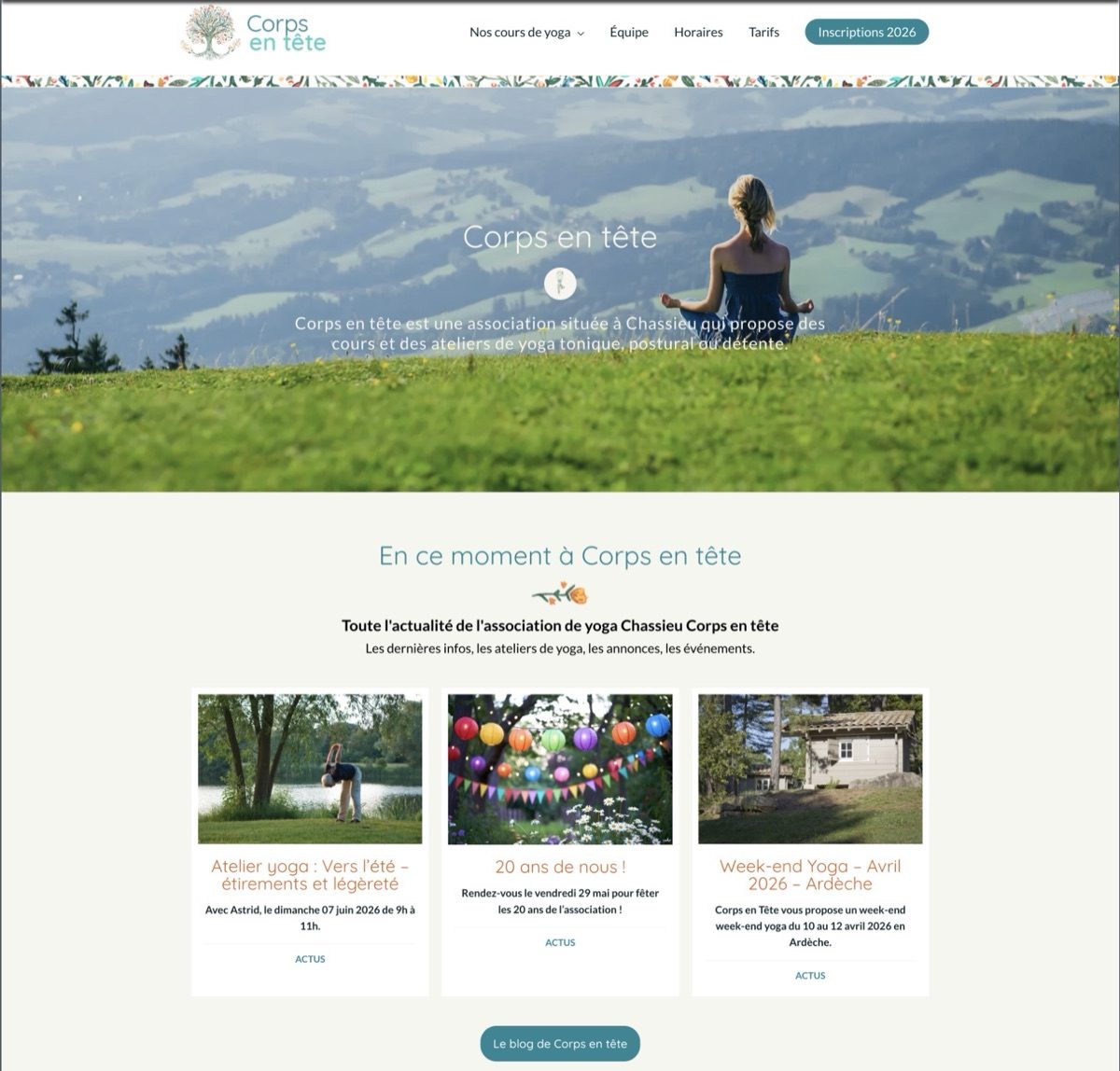 Page d'accueil du site internet de l'association de yoga Corps en Tête